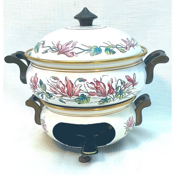 Vintage Fondue Pot With Burner Beautiful Floral Pattern Collectable Enamelware - Picture 1 of 15